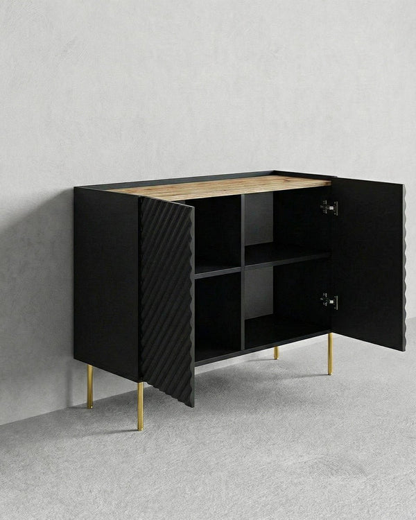 Madia Scina - Set Marea - Mobile alto per soggiorno, moderno - 2 ante - L. 98 cm x H. 85 cm x P.45 cm - Nero, piedini color oro - doomostore