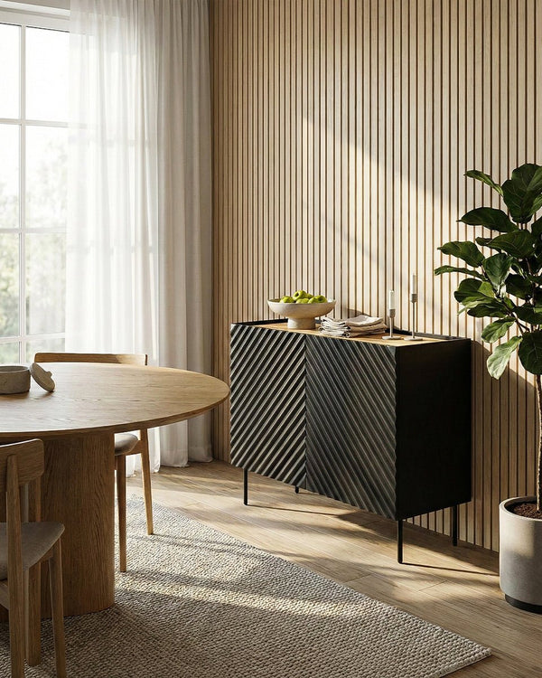 Madia Liagora - Set Marea - Mobile alto per soggiorno, moderno - 2 ante - L. 98 cm x H. 85 cm x P.45 cm - Nero, piedini color nero - doomostore