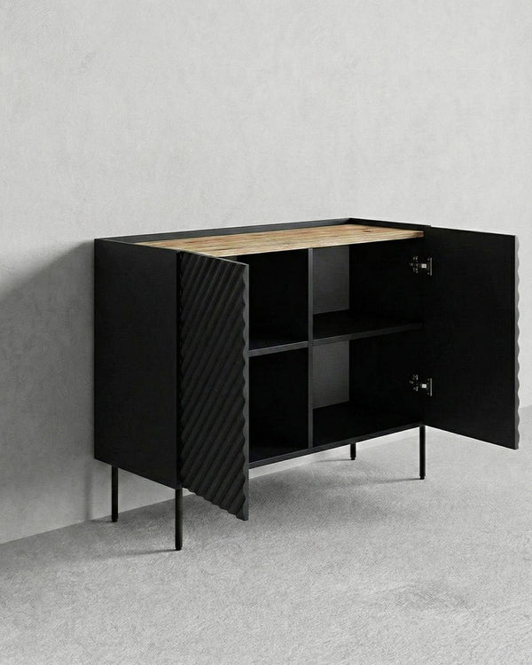 Madia Liagora - Set Marea - Mobile alto per soggiorno, moderno - 2 ante - L. 98 cm x H. 85 cm x P.45 cm - Nero, piedini color nero - doomostore