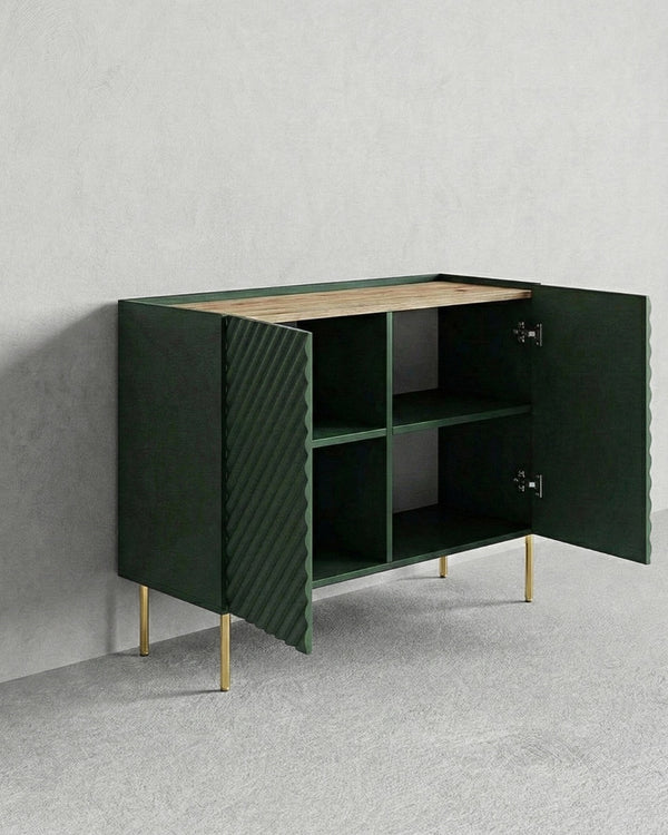 Madia Ghirati - Set Marea - Mobile alto per soggiorno, moderno - 2 ante - L. 98 cm x H. 85 cm x P.45 cm - Verde, piedini color oro - doomostore