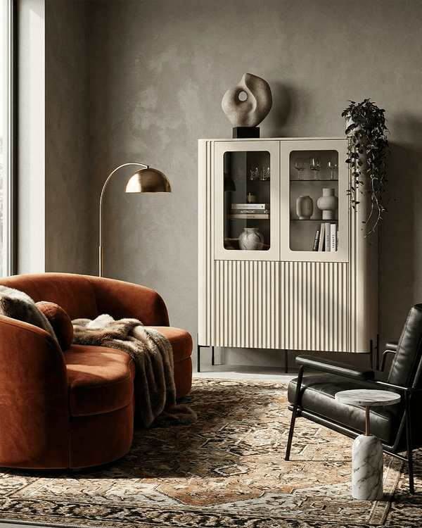 Vetrina Curva - Set Rota - Mobile alto vetrato per soggiorno, moderno - 2 ante vetrate - L. 110 cm x H. 160 cm x P. 40 cm - Cashmere - doomostore