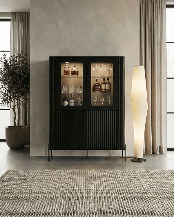 Vetrina Volta - Set Rota - Mobile alto vetrato per soggiorno, moderno - 2 ante vetrate - L. 110 cm x H. 160 cm x P. 40 cm - Nero - doomostore