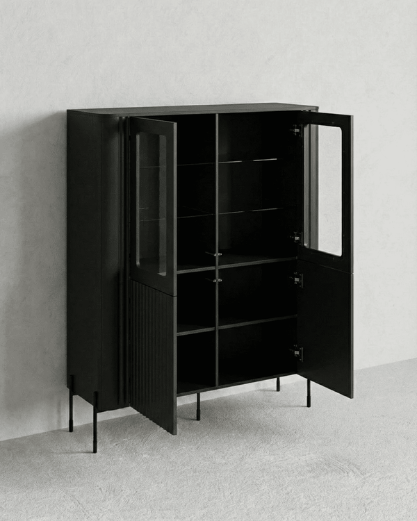 Vetrina Volta - Set Rota - Mobile alto vetrato per soggiorno, moderno - 2 ante vetrate - L. 110 cm x H. 160 cm x P. 40 cm - Nero - doomostore