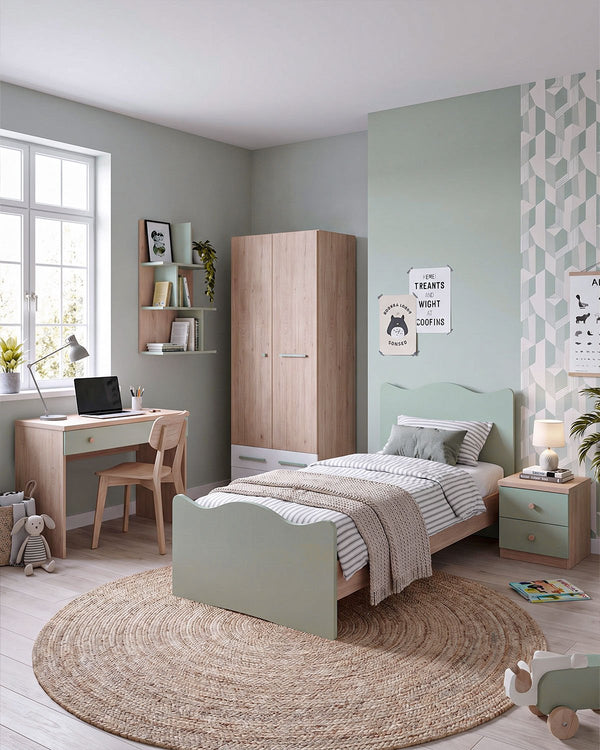 Cameretta Completa Pumba - Virginia/oliva per ragazzi e bambini - Scrittoio Genius - Letto Onda con pediera - Armadio Celeste - Comodino Rima - Mensola Polira - doomostore
