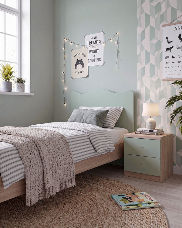 Cameretta Completa Pumba - Virginia/oliva per ragazzi e bambini - Scrittoio Genius - Letto Onda con pediera - Armadio Celeste - Comodino Rima - Mensola Polira - doomostore