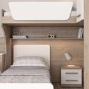 Cameretta a soppalco angolare Dx Via - Composizione salvaspazio - Vano letto superiore e letto Easy inferiore - 1 armadio integrato - Comodino a due cassetti - Rete e materassi opzionali - Mensola sottoponte opzionale - 7 varianti colore personalizzabile - doomostore