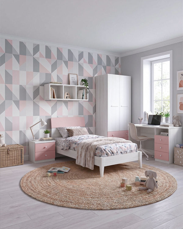 Cameretta Completa Simba - Betulla/Rosa per ragazzi e bambini - Scrittoio Genius Dx - Letto Comby con piedi in legno - Armadio Celeste - Comodino Rima - Mensola Norema - doomostore