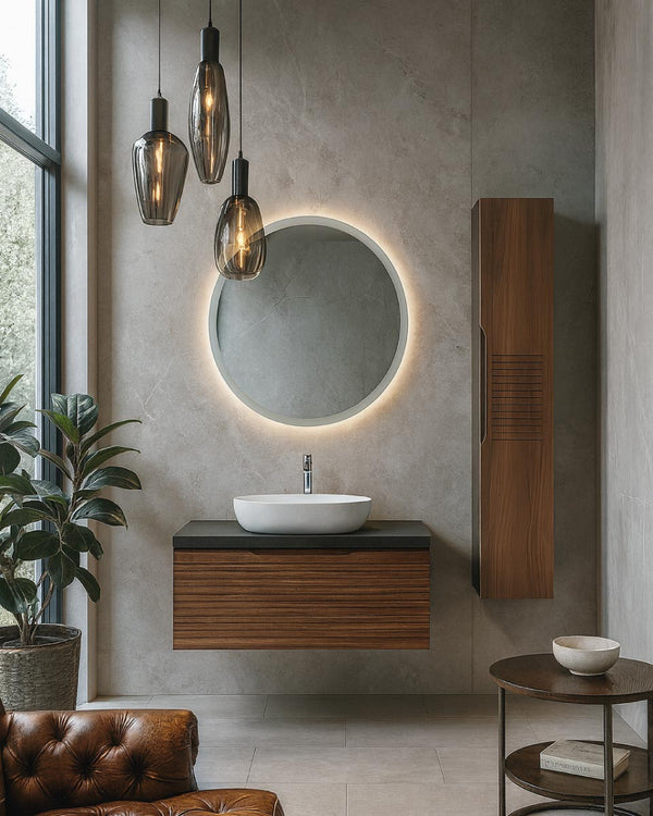 Mobile bagno Soma - Mobile 90 cm con pensile H150 - MDF rivestito PVC finitura noce canaletto - Cassetto soft - close - Lavabo ceramica e specchio inclusi - Pensile con 5 scomparti - doomostore