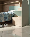 Cameretta a soppalco angolare Dx Via - Composizione salvaspazio - Vano letto superiore e letto Easy inferiore - 1 armadio integrato - Rete e materassi opzionali - Mensola sottoponte inclusa - 7 varianti colore personalizzabile - doomostore