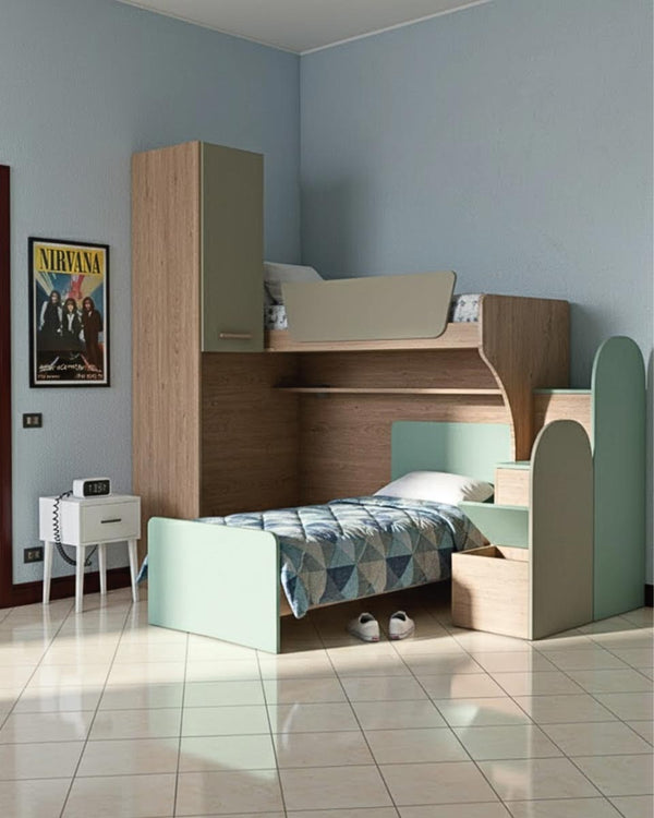 Cameretta a soppalco angolare Dx Via - Composizione salvaspazio - Vano letto superiore e letto Easy inferiore - 1 armadio integrato - Rete e materassi opzionali - Mensola sottoponte inclusa - 7 varianti colore personalizzabile - doomostore