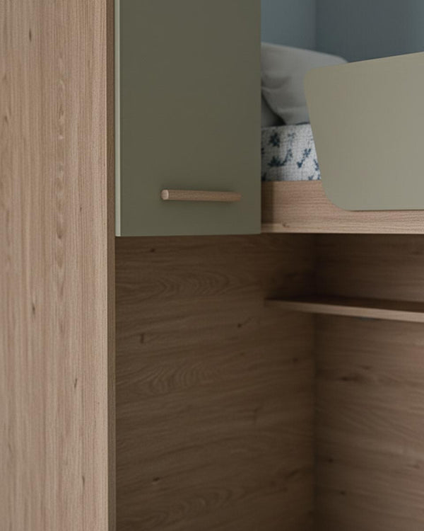 Cameretta a soppalco angolare Dx Via - Composizione salvaspazio - Vano letto superiore e letto Easy inferiore - 1 armadio integrato - Rete e materassi opzionali - Mensola sottoponte inclusa - 7 varianti colore personalizzabile - doomostore