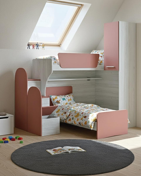 Cameretta a soppalco angolare Sx Via - Composizione salvaspazio - Vano letto superiore e letto Easy inferiore - 1 armadio integrato - Rete e materassi opzionali - Mensola sottoponte inclusa - 7 varianti colore personalizzabile - doomostore