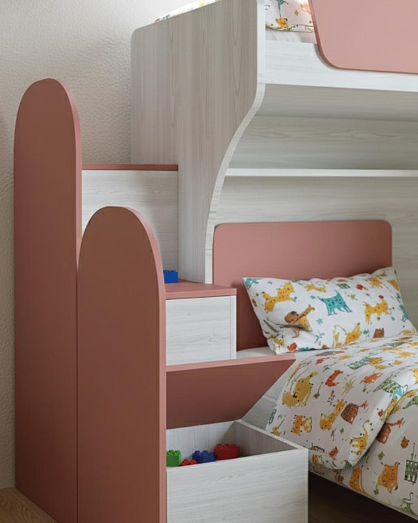 Cameretta a soppalco angolare Sx Via - Composizione salvaspazio - Vano letto superiore e letto Easy inferiore - 1 armadio integrato - Rete e materassi opzionali - Mensola sottoponte inclusa - 7 varianti colore personalizzabile - doomostore