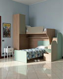 Cameretta a soppalco angolare Sx Via - Composizione salvaspazio - Vano letto superiore e letto Easy inferiore - 1 armadio integrato - Comodino a due cassetti - Rete e materassi opzionali - Mensola sottoponte opzionale - 7 varianti colore personalizzabile