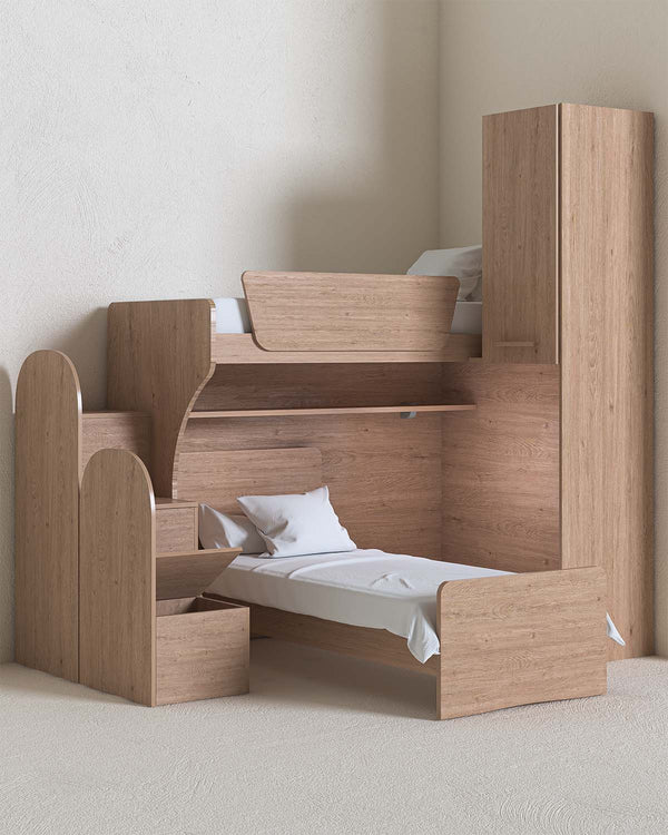 Cameretta a soppalco angolare Sx Via - Composizione salvaspazio - Vano letto superiore e letto Easy inferiore - 1 armadio integrato - Rete e materassi opzionali - Mensola sottoponte inclusa - 7 varianti colore personalizzabile - doomostore