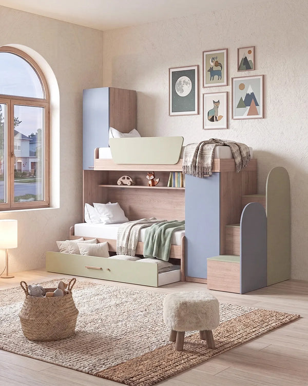 Cameretta a soppalco Dx Fara - Composizione salvaspazio - Vano letto superiore - 2 armadi integrati - Letto attrezzato con cassettone estraibile incluso - Mensola sottoponte inclusa - 7 varianti colore personalizzabile