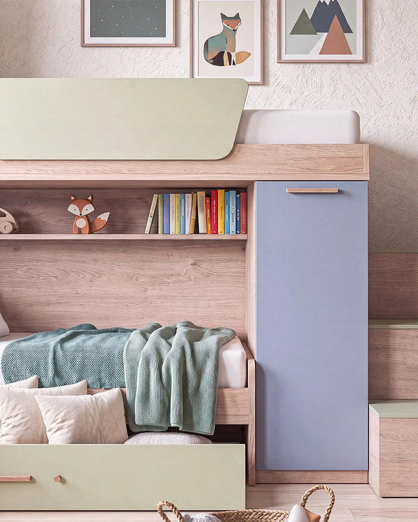 Cameretta a soppalco Dx Fara - Composizione salvaspazio - Vano letto superiore - 2 armadi integrati - Letto attrezzato con cassettone estraibile incluso - Mensola sottoponte inclusa - 7 varianti colore personalizzabile
