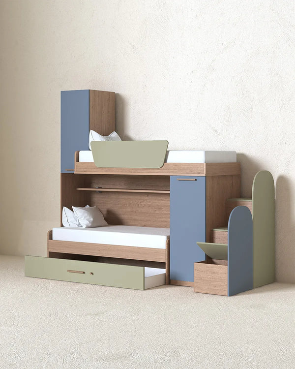 Cameretta a soppalco Dx Fara - Composizione salvaspazio - Vano letto superiore - 2 armadi integrati - Letto attrezzato con cassettone estraibile incluso - Mensola sottoponte inclusa - 7 varianti colore personalizzabile