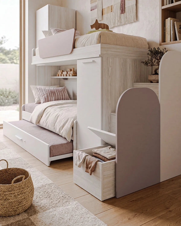 Cameretta a soppalco Dx Rafa - Composizione salvaspazio - Vano letto superiore - 2 armadi integrati - Letto attrezzato con Letto estraibile incluso - Mensola sottoponte inclusa - 7 varianti colore personalizzabile