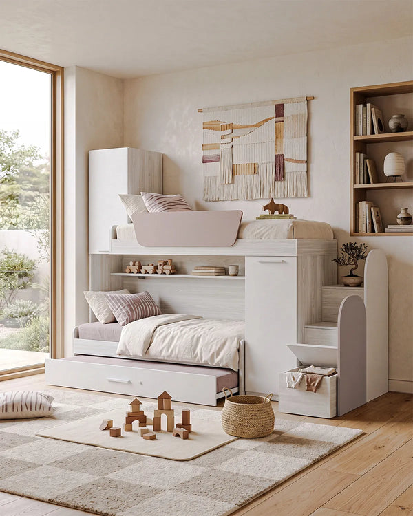 Cameretta a soppalco Dx Rafa - Composizione salvaspazio - Vano letto superiore - 2 armadi integrati - Letto attrezzato con Letto estraibile incluso - Mensola sottoponte inclusa - 7 varianti colore personalizzabile