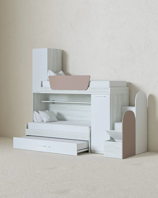 Cameretta a soppalco Dx Rafa - Composizione salvaspazio - Vano letto superiore - 2 armadi integrati - Letto attrezzato con Letto estraibile incluso - Mensola sottoponte inclusa - 7 varianti colore personalizzabile