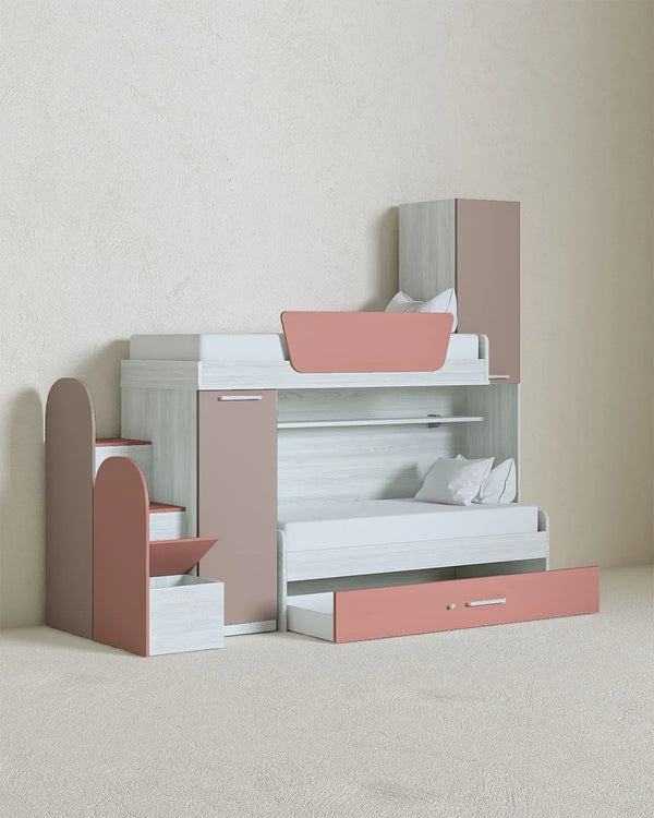 Cameretta a soppalco Sx Fara - Composizione salvaspazio - Vano letto superiore - 2 armadi integrati - Letto attrezzato con cassettone estraibile incluso - Mensola sottoponte inclusa - 7 varianti colore personalizzabile - doomostore