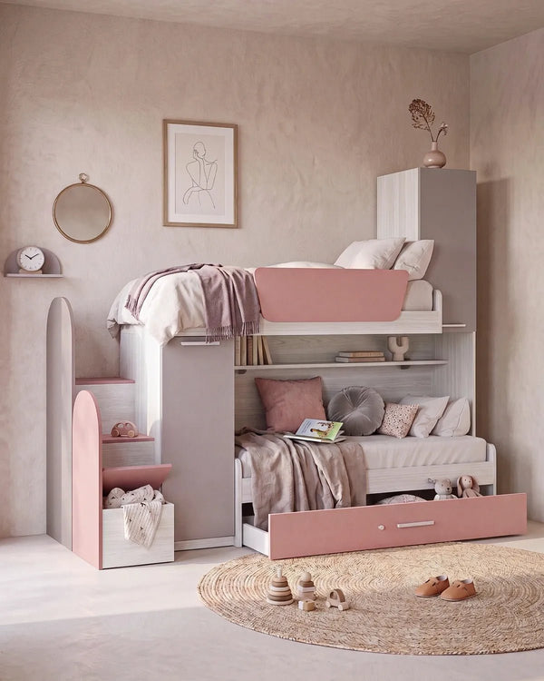 Cameretta a soppalco Sx Fara - Composizione salvaspazio - Vano letto superiore - 2 armadi integrati - Letto attrezzato con cassettone estraibile incluso - Mensola sottoponte inclusa - 7 varianti colore personalizzabile - doomostore