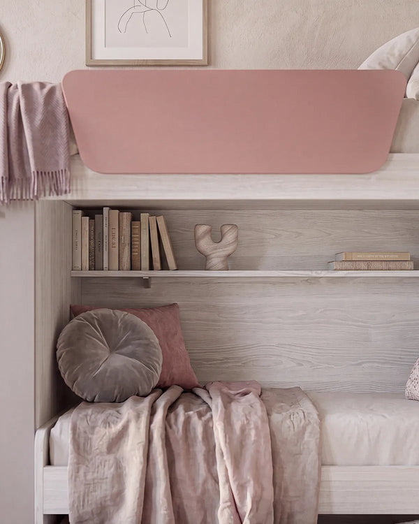 Cameretta a soppalco Sx Fara - Composizione salvaspazio - Vano letto superiore - 2 armadi integrati - Letto attrezzato con cassettone estraibile incluso - Mensola sottoponte inclusa - 7 varianti colore personalizzabile - doomostore