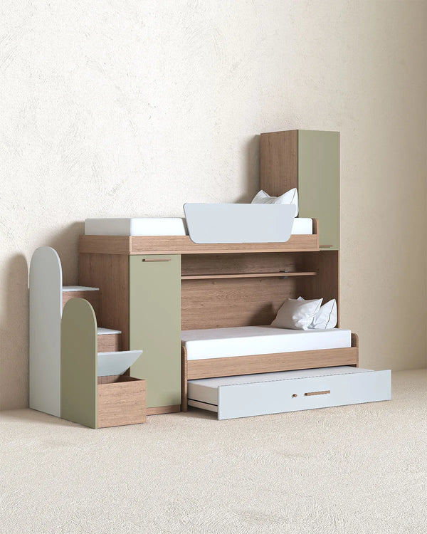 Cameretta a soppalco Sx Rafa - Composizione salvaspazio - Vano letto superiore - 2 armadi integrati - Letto attrezzato con Letto estraibile incluso - Mensola sottoponte inclusa - 7 varianti colore personalizzabile