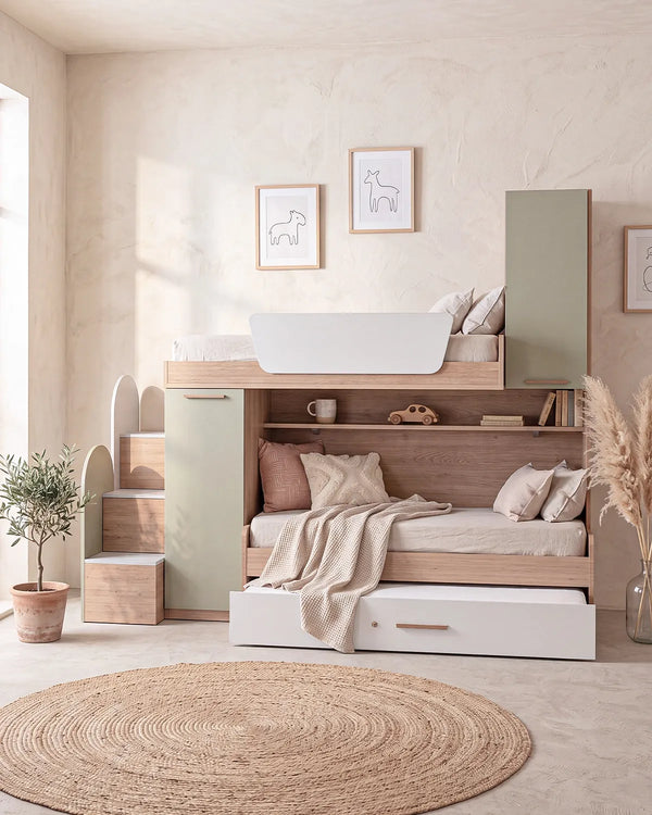Cameretta a soppalco Sx Rafa - Composizione salvaspazio - Vano letto superiore - 2 armadi integrati - Letto attrezzato con Letto estraibile incluso - Mensola sottoponte inclusa - 7 varianti colore personalizzabile
