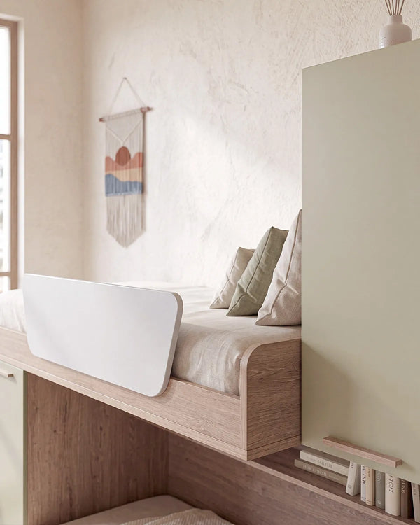 Cameretta a soppalco Sx Rafa - Composizione salvaspazio - Vano letto superiore - 2 armadi integrati - Letto attrezzato con Letto estraibile incluso - Mensola sottoponte inclusa - 7 varianti colore personalizzabile