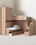Cameretta a soppalco angolare DX Arus - Composizione salvaspazio con letto superiore - Letto attrezzato con cassettone inferiore - Scala esterna contenitore inclusa - Mensola sottoponte inclusa - 7 colori personalizzabili - doomostore
