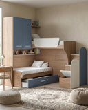 Cameretta a soppalco angolare DX Arus - Composizione salvaspazio con letto superiore - Letto attrezzato con cassettone inferiore - Scala esterna contenitore inclusa - Mensola sottoponte inclusa - 7 colori personalizzabili - doomostore
