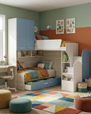 Cameretta a soppalco angolare DX Arus - Composizione salvaspazio con letto superiore - Letto attrezzato con cassettone inferiore - Scala esterna contenitore inclusa - Mensola sottoponte inclusa - 7 colori personalizzabili - doomostore