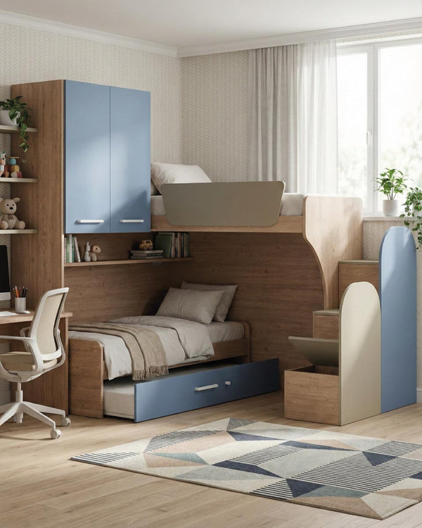 Cameretta a soppalco angolare DX Sura - Composizione salvaspazio con letto superiore - Letto estraibile inferiore - Scala esterna contenitore inclusa - Mensola sottoponte inclusa - 7 colori personalizzabili - doomostore