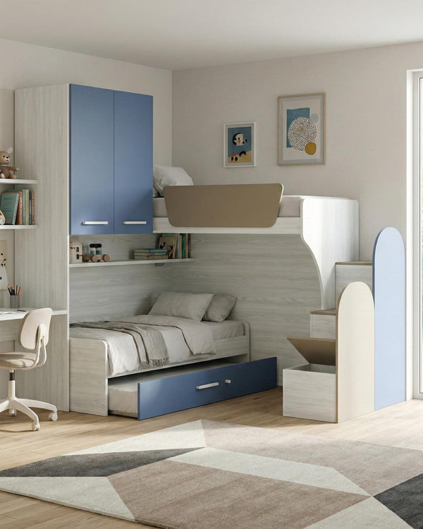 Cameretta a soppalco angolare DX Sura - Composizione salvaspazio con letto superiore - Letto estraibile inferiore - Scala esterna contenitore inclusa - Mensola sottoponte inclusa - 7 colori personalizzabili - doomostore