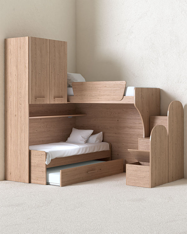 Cameretta a soppalco angolare DX Sura - Composizione salvaspazio con letto superiore - Letto estraibile inferiore - Scala esterna contenitore inclusa - Mensola sottoponte inclusa - 7 colori personalizzabili - doomostore