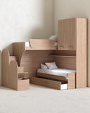 Cameretta a soppalco angolare SX Arus - Composizione salvaspazio con letto superiore - Letto attrezzato con cassettone inferiore - Scala esterna contenitore inclusa - Mensola sottoponte inclusa - 7 colori personalizzabili - doomostore