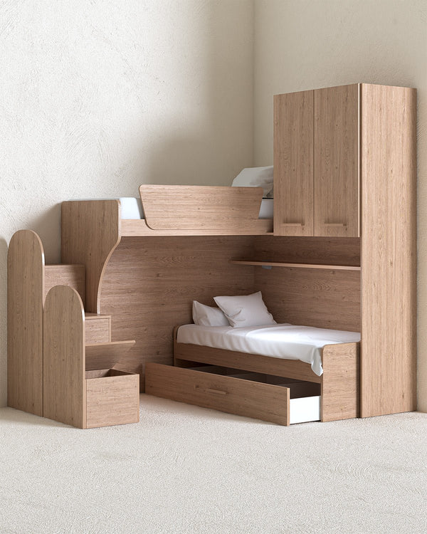 Cameretta a soppalco angolare SX Arus - Composizione salvaspazio con letto superiore - Letto attrezzato con cassettone inferiore - Scala esterna contenitore inclusa - Mensola sottoponte inclusa - 7 colori personalizzabili - doomostore