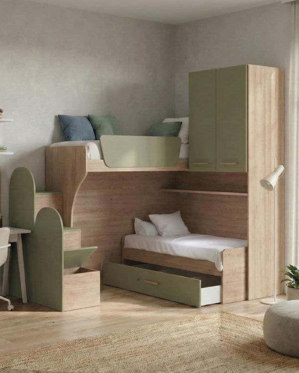 Cameretta a soppalco angolare SX Arus - Composizione salvaspazio con letto superiore - Letto attrezzato con cassettone inferiore - Scala esterna contenitore inclusa - Mensola sottoponte inclusa - 7 colori personalizzabili - doomostore