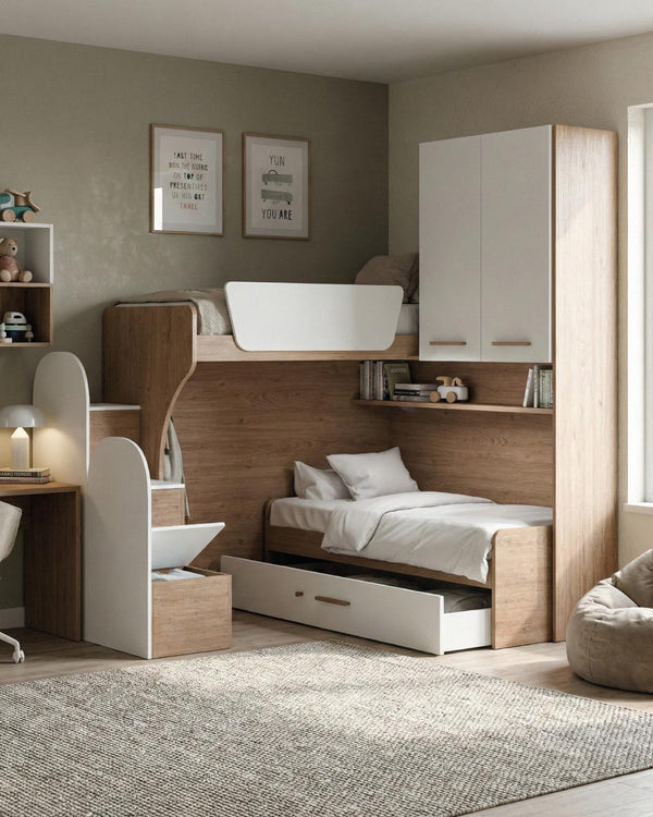 Cameretta a soppalco angolare SX Arus - Composizione salvaspazio con letto superiore - Letto attrezzato con cassettone inferiore - Scala esterna contenitore inclusa - Mensola sottoponte inclusa - 7 colori personalizzabili - doomostore