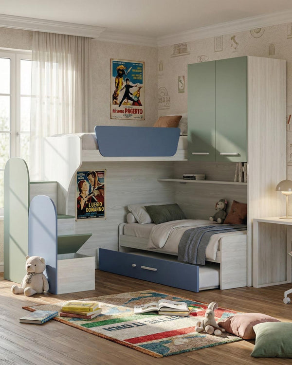Cameretta a soppalco angolare SX Sura - Composizione salvaspazio con letto superiore - Letto estraibile inferiore - Scala esterna contenitore inclusa - Mensola sottoponte inclusa - 7 colori personalizzabili - doomostore
