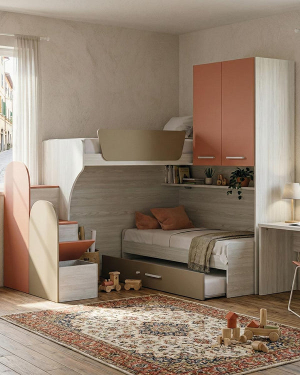 Cameretta a soppalco angolare SX Sura - Composizione salvaspazio con letto superiore - Letto estraibile inferiore - Scala esterna contenitore inclusa - Mensola sottoponte inclusa - 7 colori personalizzabili - doomostore