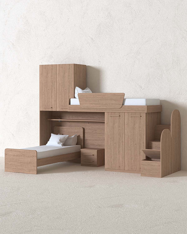 Cameretta a soppalco angolare Dx Lera - Composizione salvaspazio - Vano letto superiore e letto Easy inferiore - 2 armadi integrati - Comodino a due cassetti - Rete e materassi opzionali - Mensola sottoponte opzionale - 7 varianti colore personalizzabile - doomostore