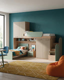 Cameretta a soppalco angolare Dx Lera - Composizione salvaspazio - Vano letto superiore e letto Easy inferiore - 2 armadi integrati - Comodino a due cassetti - Rete e materassi opzionali - Mensola sottoponte opzionale - 7 varianti colore personalizzabile - doomostore