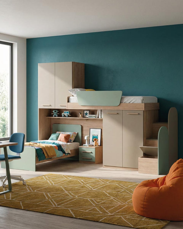 Cameretta a soppalco angolare Dx Lera - Composizione salvaspazio - Vano letto superiore e letto Easy inferiore - 2 armadi integrati - Comodino a due cassetti - Rete e materassi opzionali - Mensola sottoponte opzionale - 7 varianti colore personalizzabile - doomostore