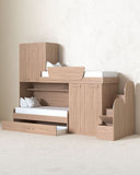 Cameretta a soppalco angolare Dx Taia - Composizione salvaspazio - Vano letto superiore - 2 armadi integrati - Letto attrezzato con cassettone estraibile incluso - Mensola sottoponte inclusa - 7 varianti colore personalizzabile - doomostore