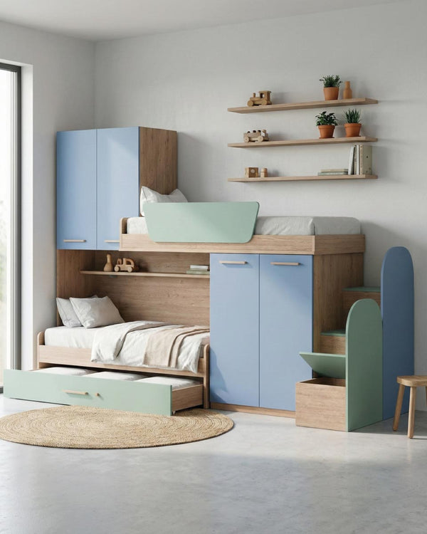 Cameretta a soppalco angolare Dx Taia - Composizione salvaspazio - Vano letto superiore - 2 armadi integrati - Letto attrezzato con cassettone estraibile incluso - Mensola sottoponte inclusa - 7 varianti colore personalizzabile - doomostore