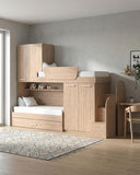 Cameretta a soppalco angolare Dx Taia - Composizione salvaspazio - Vano letto superiore - 2 armadi integrati - Letto attrezzato con cassettone estraibile incluso - Mensola sottoponte inclusa - 7 varianti colore personalizzabile - doomostore