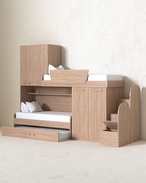 Cameretta a soppalco angolare Dx Aita - Composizione salvaspazio - Vano letto superiore - 2 armadi integrati - Letto estraibile inferiore incluso - Mensola sottoponte inclusa - 7 varianti colore personalizzabile - doomostore